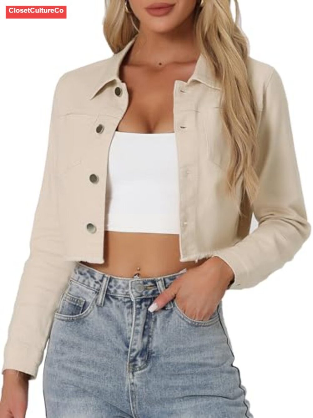 Womens Cropped Denim Jacket Button Down Frayed Hem Long Sleeve Jean Jacket